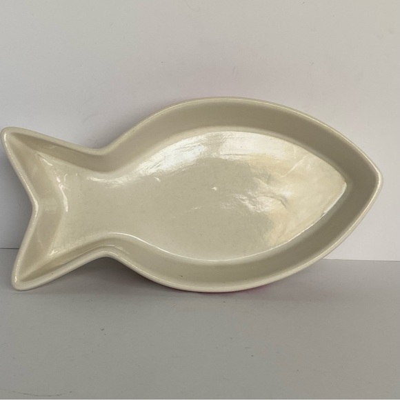 Cat Bowl Fish Shaped Ceramic “Pampered” White Pink. 8” Long Water Food Kitty - Picture 4 of 14